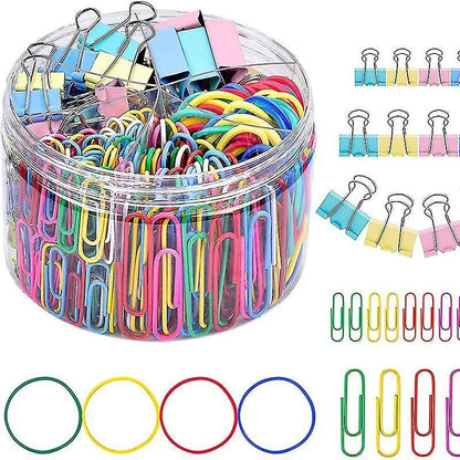 THE CEO's 240pc Colorful Mixed Paper Clips, Rubber Band, Binder Clips Stationery Set